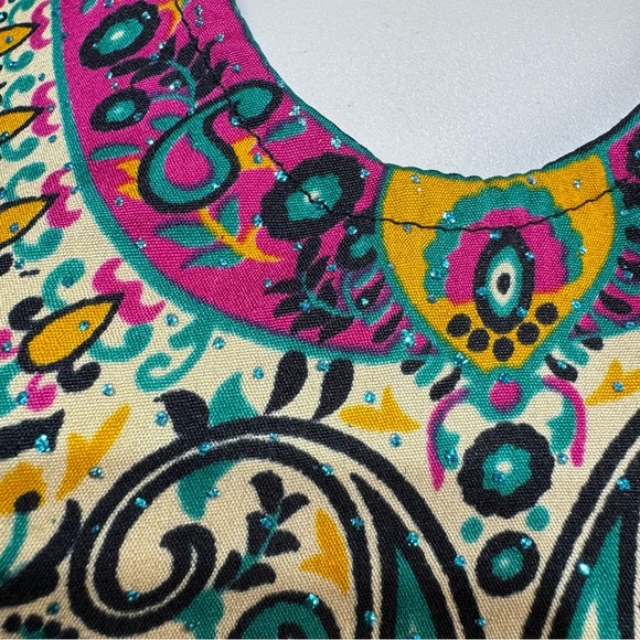 Colorful Boho Short Sleeve Silky Tunic Top- Sz. 40/Medium - Picture 3 of 9